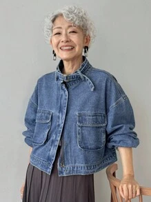 FRIFUL 女式立领休闲水洗牛仔夹克 - 藍色 - 查看 7