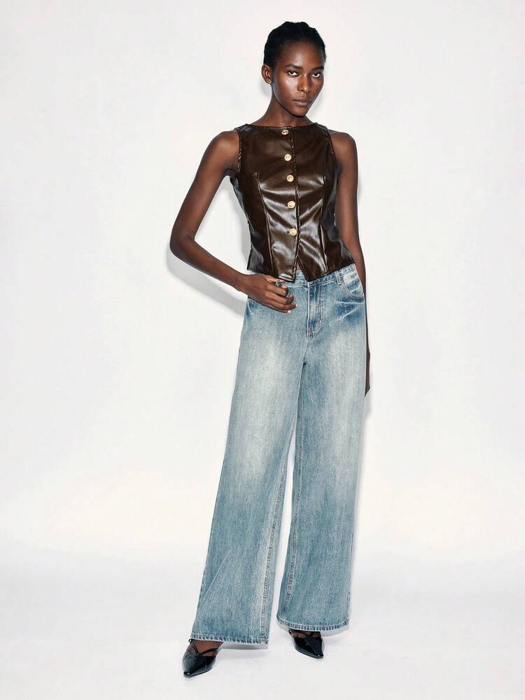 SHEIN Maija 2025 Modern City Metal Buckle PU Backless Bowknot Women's Tank Top, Suitable For Early Autumn Brown Leather Crop Top Brown Crop Top Leather Crop Top Dark Brown Crop Top Chocolate Brown Crop Top, Fall For Women,Winter For Women,Winter,Night Out,Going Out Tops Women, Night Out,Date Night,Old Money Style Women,Business Casual Woman