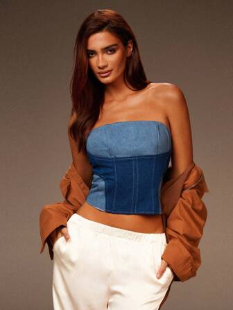 Athîral Women's Casual Contrast Color Patchwork Cropped Denim Top, Summer,Four Seasons,Denim Strapless,Going Out Wear