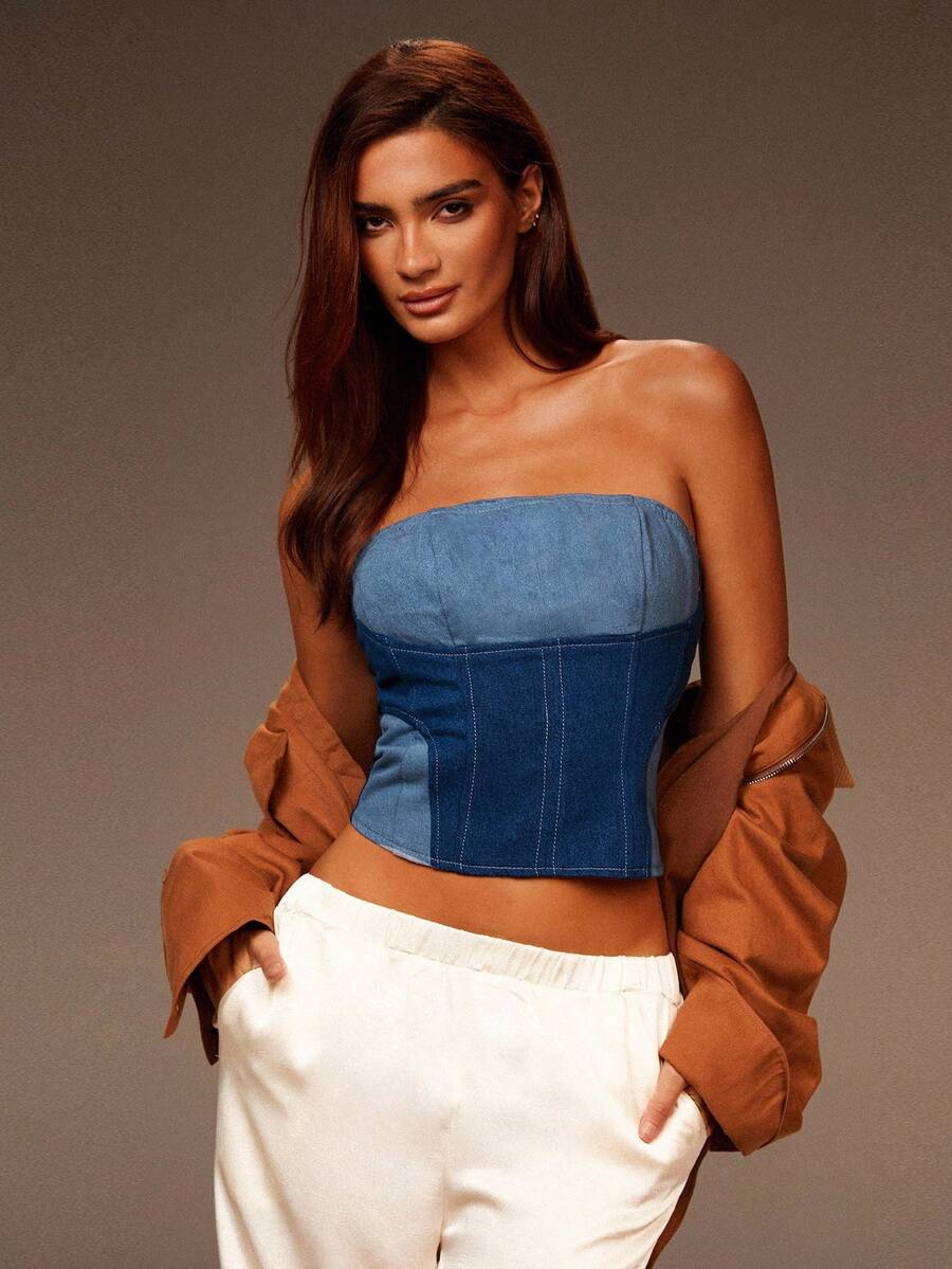 Athîral Women's Casual Contrast Color Patchwork Cropped Denim Top, Summer,Four Seasons,Denim Strapless,Going Out Wear - Multicolor - View 1