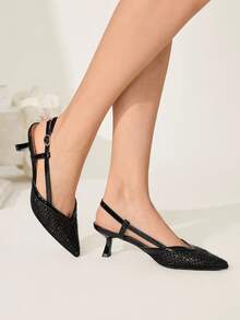 CUCCOO CHICEST 女士秋冬新款闪亮水晶网眼拼接V型尖头猫跟斜跟优雅奢华浪漫性感时尚哥特风黑色仿皮网眼高跟凉鞋，适合正式场合、下午茶、约会、派对、婚礼、晚宴、夜店、万圣节、圣诞节、感恩节、生日等场合。 - 黑色 - 查看 4