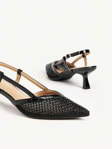 CUCCOO CHICEST 女士秋冬新款闪亮水晶网眼拼接V型尖头猫跟斜跟优雅奢华浪漫性感时尚哥特风黑色仿皮网眼高跟凉鞋，适合正式场合、下午茶、约会、派对、婚礼、晚宴、夜店、万圣节、圣诞节、感恩节、生日等场合。 - 黑色 - 查看 11