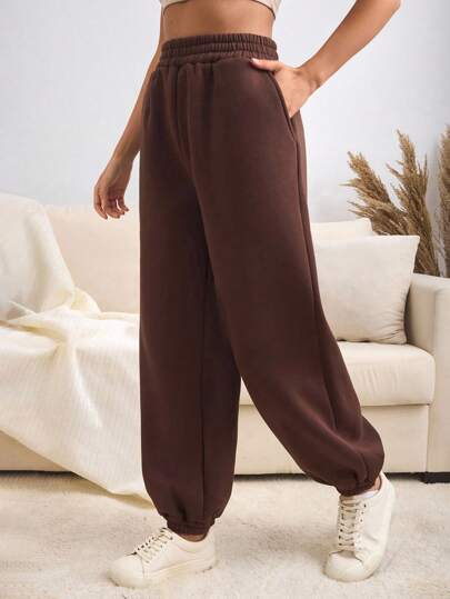 SHEIN PETITE Enfärgat Elastisk Midja Mjukisbyxor