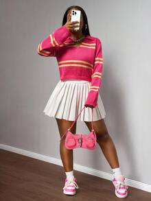 Slaydiva Mùa thu sớm, mùa thu đông, mùa tựu trường, lễ hội âm nhạc, lễ hội hóa trang, phong cách đường phố thường ngày, hẹn hò hàng ngày gợi cảm, người nổi tiếng trên mạng, thanh lịch thường ngày, đi làm, phong cách công sở, phong cách giả, cổ polo, cổ chữ V, tay dài, dáng rộng, áo len ngắn màu vàng, áo len sọc đỏ hồng, áo len, áo dệt kim, áo len nữ công sở, mùa tựu trường, lễ hội âm nhạc sôi động - Màu Hồng Tươi - Xem 6