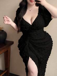 Vibekara 复古法式泡泡袖波尔卡圆点纹理女式派对连衣裙 - 黑色 - 查看 6