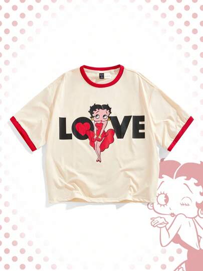 Betty Boop | ROMWE Men's Summer Casual Contrast Trim Letter Graphic Short Sleeve T-Shirt