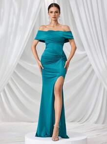 Coutiva Váy đuôi cá trễ vai nhún bèo thanh lịch - màu xanh lá - Xem 7