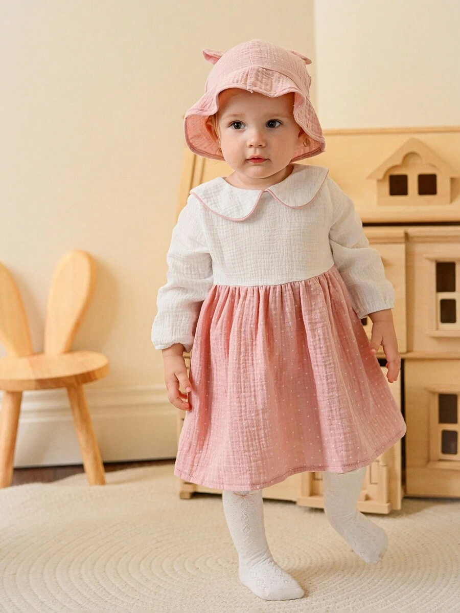 SHEIN 2pcs Baby Girls' Fashion Cute Long Sleeve Dress & Hat Set - Pink - View 1