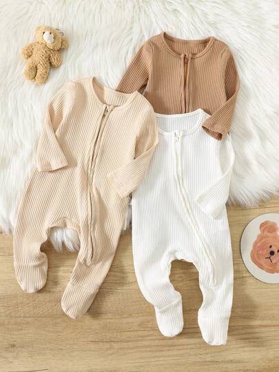 3pcs/Set Newborn Baby Boy Minimalist Comfortable Long Sleeve Round Neck Zipper Front Soft Knit Jumpsuit Fall Winter