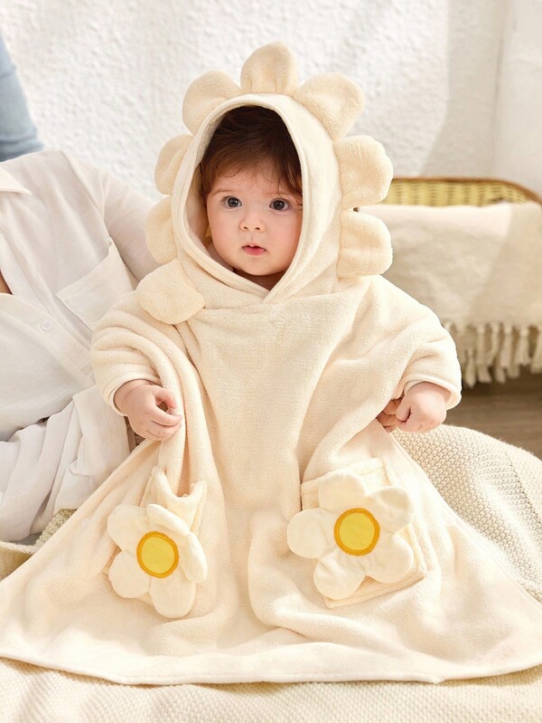 Cozy Pixies 1pc Soft Hooded Sunflower Petal Baby Towel, Super Absorbent, Quick Drying, Warm, Suitable For 0-3 Years Old, Versatile Use For Bathing And Swimming