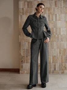 MOTF PREMIUM 翻领荷叶边牛仔夹克和阔腿牛仔裤套装 - 黑色 - 查看 3