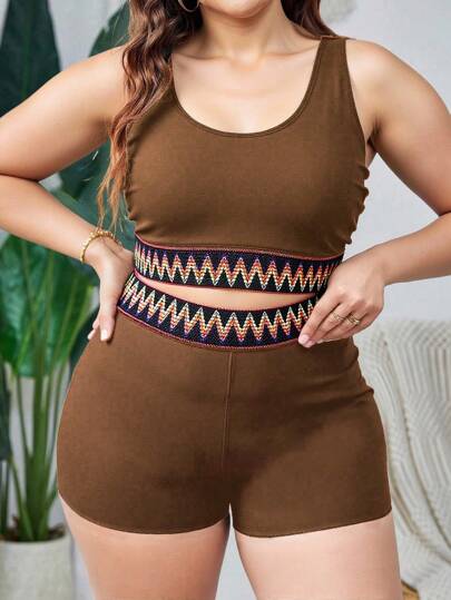 Swim Lushoire 大码女式纯色圆领抹胸上衣和高腰三角裤泳衣套装，性感、优雅、休闲，适合日常、海滩、度假