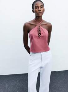 Maija Áo thun không tay cổ buộc dây họa tiết vòng tròn bằng nhựa cắt bất đối xứng dành cho nữ, phong cách công sở giản dị, phù hợp cho lễ hội âm nhạc, Halloween, Giáng sinh, tiệc tùng, kỳ nghỉ theo phong cách Bohemian, áo hở vai - Đỏ - Xem 6