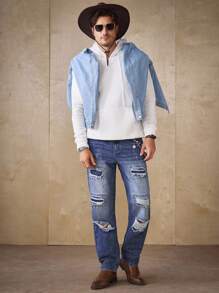 Manfinity Homme Men's Casual Denim Skinny Ripped Jeans With Pockets - Light Wash - View 3