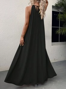 Hotletica Vestido largo de mujer de uso diario de unicolor, cuello halter acampanado, vestido maxi para vacaciones y playa - Negro - Ver 2