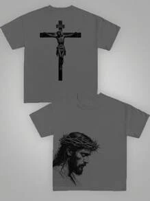 Manfinity Dauomo 男士休闲个性化字母印花短袖T恤，宽松圆领艺术设计 - 深灰色 - 查看 1