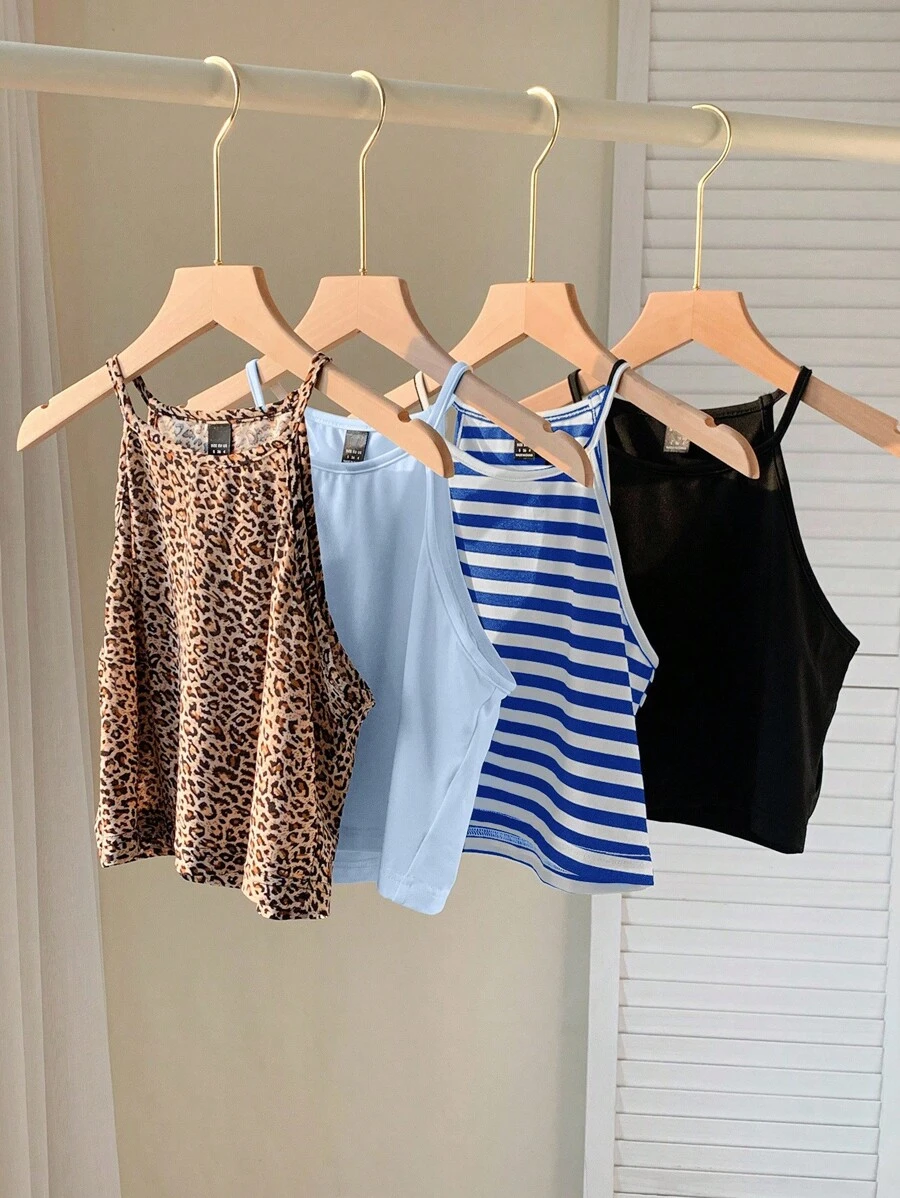 SHEIN EZwear 4 件套女士豹纹、蓝色条纹、纯色浅蓝色、黑色吊带背心上衣，休闲修身，适合夏季 - 彩色 - 查看 1