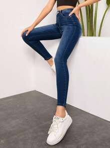 SHEIN Essnce 女式高腰口袋紧身休闲百搭牛仔裤 - 深色水洗藍 - 查看 1