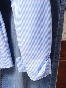 1pc Girls' Turndown Collar Long Sleeve Button-Up Striped Shirt With Embroidered Front Graphic, Casual Blouse For Autumn Fall Winter