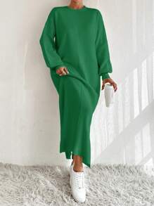 EURMUSE Women Drop Shoulder Long Sleeve Solid Color Long Knit Sweater Dress, Casual Style, Autumn/Winter - Green - View 7