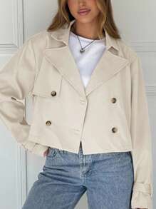 SHEIN EZwear Beige Woven Fabric Bomber Jacket With Lapel Neckline And Buttoned Front Design For Women Cropped Jacket In Fall/Winter - Beige - View 5