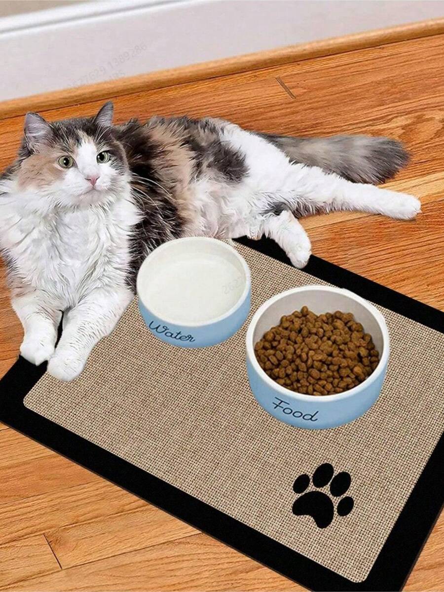 1 buah Alas Makanan Hewan Peliharaan Motif Jejak Kaki Kartun & Bunga Linen, Daya Serap Tinggi & Cepat Kering, Alas Mangkuk Makan Anjing Kucing, Mudah Dibersihkan, Bagian Bawah Karet Anti Selip, Cocok untuk Semua Musim, Alas Kandang Hewan Peliharaan - MultiWarna - View 1