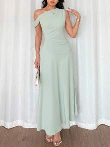 Elenzga Women's Summer Dress, Elegant French Style Bohemian Asymmetric Olive Green Cinched Waist Dress With Shoulder Details, Suitable For Graduation, Independence Day, Dating, Vacation - Green - View 6