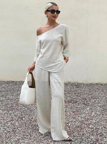 Livesso 2pcs/Set Women's Loose Casual Cotton Linen Style Solid Color Outfit, Autumn - White - View 5