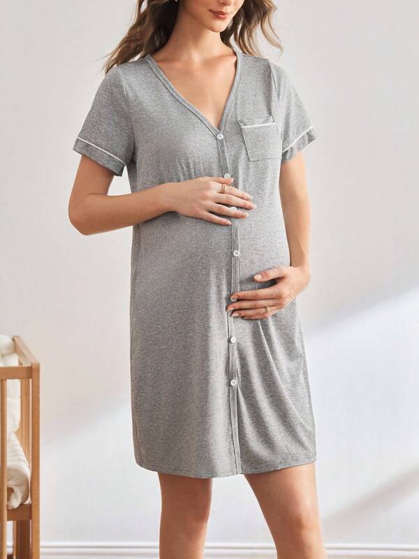 BloomMama Maternity Solid Color V-Neck Short Sleeve Pocket Single-Breasted Casual Dress Maternity Sleepwear