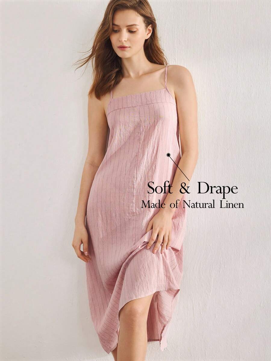 Ocili 女士休闲简约天然亚麻吊带长裙睡衣 - 粉色 - 查看 1