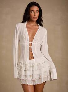 Glamine Blusa de mujer con cuello en V profundo, de moda y sexy, de unicolor - Blanco - Ver 1