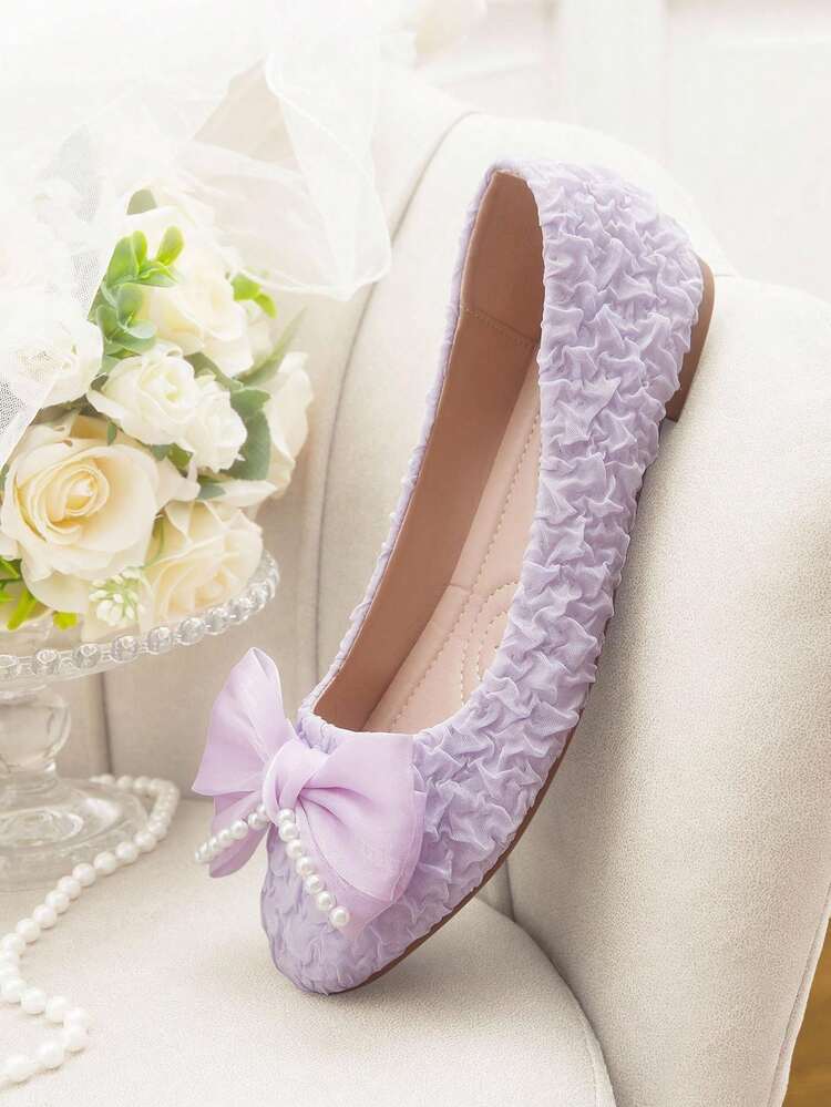 CUCCOO HITCHD Women's White Faux Pearl Bow Round Toe Flats, Elegant For Commute, Valentine's Day, Wedding, Bridesmaid, Party Elegant Shoes Wedding Shoes Summer Shoes Bride Shoes