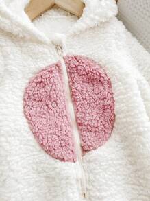 Newborn Baby Girl Cute 3D Ear Hoodie Long Sleeve Contrast Embroidered Plush Romper, Fall/Winter Clothes - White - View 4