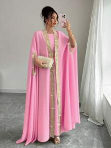 Elenzga 女士拼接缎带蝙蝠袖开衫连衣裙优雅两件套，适合大学穿着