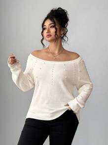 Elenzga Suéter de manga larga con hombros descubiertos y decoración de perlas para mujer de talla grande - Blanco - Ver 4