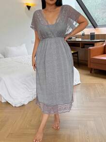 SHEIN Große Größen Spitze Patchwork Langes Nachthemd Nachtwäsche