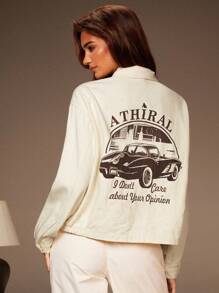 Athîral Women's Letter & Car Graphic Long Sleeve Casual Cropped Denim Coat, Fall Women , Winter Coat Women, Back To School, Club - White - View 1