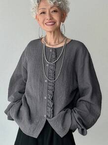 FRIFUL 女士宽松圆领长袖纯色深灰色前襟纽扣荷叶边后背褶裥设计休闲衬衫，适合正式和商务休闲场合的秋季上衣 - 灰色 - 查看 6