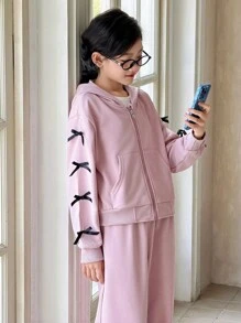 Genkimix Kids 2pcs Tween Girl Fashion Casual Outfit: Hoodie Jacket With 3D Bow Decor And Solid Color Straight Leg Pants Chic Outfits For Autumn/Winter - Pink - View 6