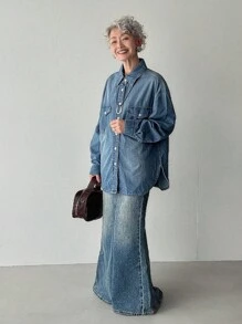 FRIFUL Áo khoác denim nữ màu xanh nhạt dáng suông, có túi, kiểu dáng thường ngày, đa năng, thích hợp mặc mùa thu. - Màu xanh lam - Xem 2