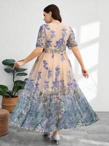 Modelyn Plus Size Women Floral Print V-Neck Puff Sleeve Elegant Dress - Multicolor - View 2