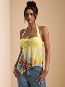 SHEIN BAE Áo crop top cổ yếm in hoa, họa tiết da báo, màu vàng trơn mùa xuân/hè, trang phục đi nghỉ, áo crop top màu vàng/hoa - Màu vàng - Xem 3
