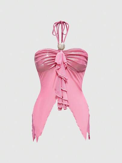 Fairycore Débardeur à bretelles fines avec décoration de coquillages et ourlet asymétrique pour femmes