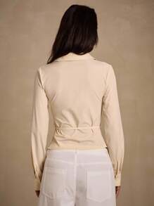 Glamine 女式半开袖衬衫，弹力修身性感优雅简约设计，适合通勤、都市、现代职场、美人鱼风格，适合春夏秋冬所有季节 - 杏色 - 查看 5