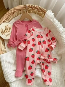 2件套新生女婴可爱草莓印花圆领长袖前拉链柔软连体衣套装 - 粉色 - 查看 6