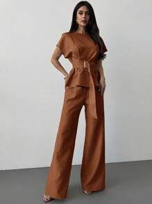 Firerie 春夏新款优雅杏色亚麻竹节领收腰纽扣衬衫和高腰直筒阔腿裤通勤套装、亚麻休闲套装、度假套装 - 鏽棕色 - 查看 1