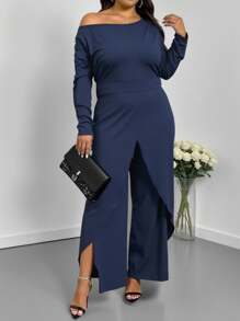 SHEIN LUNE Mono de pierna ancha con cuello asimétrico unicolor talla grande para mujer - Azul Marino - Ver 4