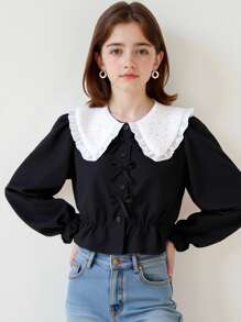 Camisa negra para adolescentes con cuello de tela de contraste, mangas abullonadas y plisado en el bajo