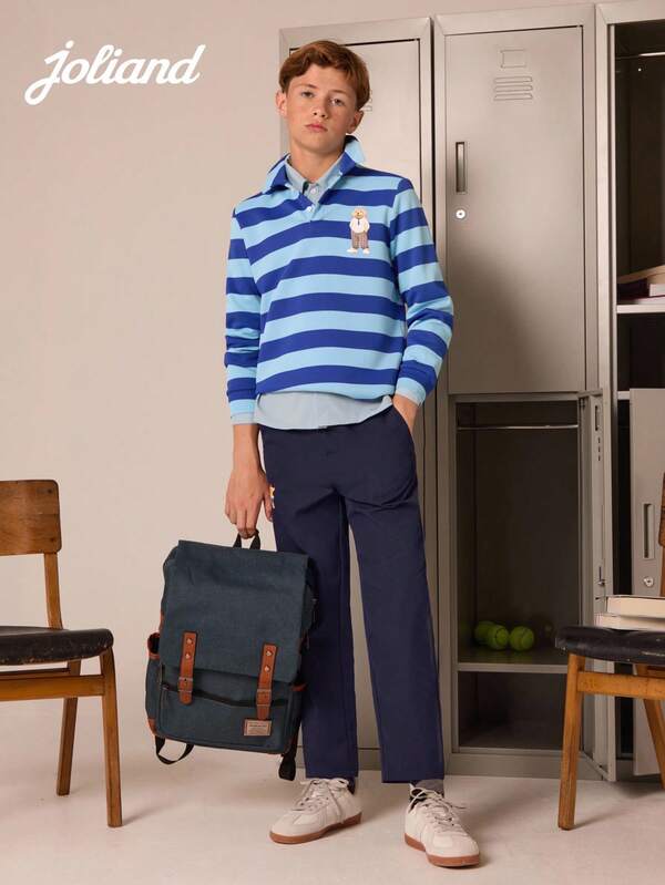 Joliand Set de 2 piezas de blusa de manga larga con estampado gráfico de perro y pantalón azul marino, estilo colegial elegante para niñas preadolescentes, adecuado para salidas, reuniones, regreso a clases, otoño e invierno