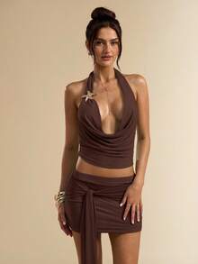 SHEIN BAE Bộ 2 món áo ba lỗ cổ khoét sâu gợi cảm và chân váy mini cạp trễ, bộ lưới gợi cảm 2 món, bộ đồ đi biển 2 món, trang phục lễ hội âm nhạc - Cà phê nâu - Xem 5